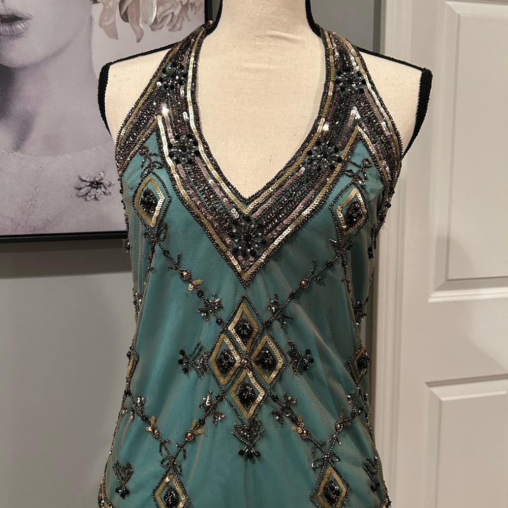 Embellished Teal Beaded Halter Top
